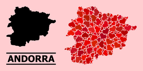 Fototapeta premium Love mosaic and solid map of Andorra on a pink background. Mosaic map of Andorra formed with red valentine hearts. Vector flat illustration for love conceptual illustrations.