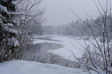 The river Gauja is frozen in winter and the white snow has a lot of fluffy snow