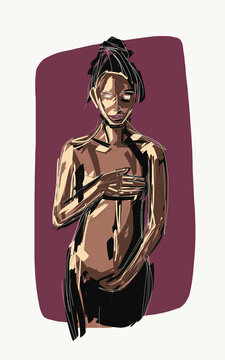Vector illustration of African American naked pregnant female touching belly and covering breast