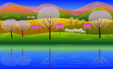Fantastic spring landscape. River. Blooming trees. Hills. The mountains. Colorful banner. Vector illustration.
