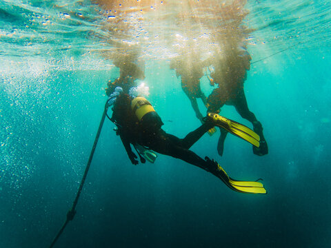 Cropped unrecognizable divers scuba diving in deep ocean
