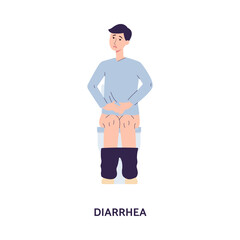 Diarrhea symptom with man sitting on toilet, flat vector illustration isolated.