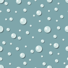 Seamless pattern with white realistic sea pearls on gray green background. 3D effect. Vector print for fabric, wrapping, wallpaper