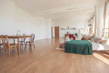 Vintage studio apartment interior in light colors in old style. huge room with large windows with a living room area and a bedroom area. direct sunlight inside.