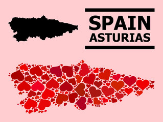 Love pattern and solid map of Asturias Province on a pink background. Collage map of Asturias Province designed with red love hearts. Vector flat illustration for love concept illustrations.