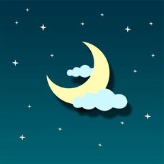 Fototapeta na wymiar Creative conceptual vector illustration. Imitation paper curve cut background with moon and clouds in the night.