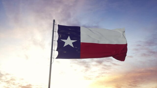 State flag of Texas waving in the wind. Dramatic sky background. 4K