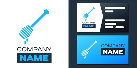 Logotype Honey dipper stick with dripping honey icon isolated on white background. Honey ladle. Logo design template element. Vector.