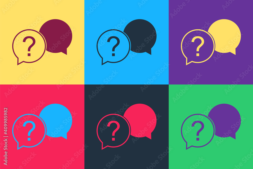 Poster pop art chat question icon isolated on color background. help speech bubble symbol. faq sign. questi