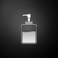 Silver Hand sanitizer bottle icon isolated on black background. Disinfection concept. Washing gel. Alcohol bottle for hygiene. Long shadow style. Vector.