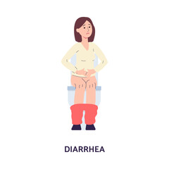 Woman sits on toilet and suffers from diarrhea flat vector illustration isolated.