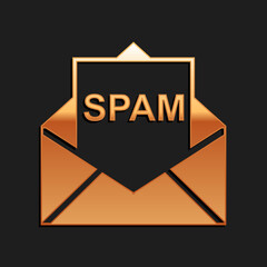 Gold Envelope with spam icon isolated on black background. Concept of virus, piracy, hacking and security. Long shadow style. Vector.