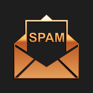 Gold Envelope With Spam Icon Isolated On Black Background. Concept Of Virus, Piracy, Hacking And Security. Long Shadow Style. Vector.