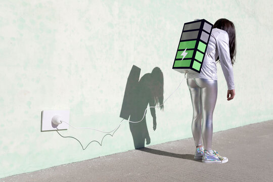 Side view of young fit female in trendy outfit standing on street with creative backpack connected to charger and having phone conversation