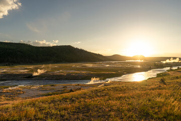Sunset at Grand Prismatic Springs in Yellowstone National Park