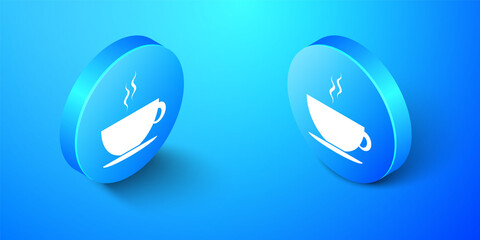 Isometric Coffee cup icon isolated on blue background. Tea cup. Hot drink coffee. Blue circle button. Vector.