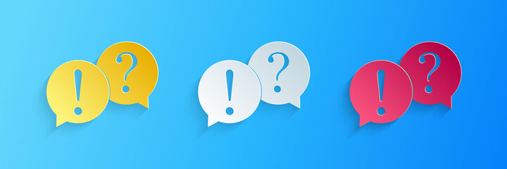 Fototapeta na wymiar Paper cut Speech bubbles with Question and Exclamation marks icon isolated on blue background. FAQ sign. Copy files, chat speech bubble. Paper art style. Vector.