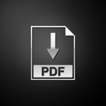 Silver PDF file document icon isolated on black background. Download PDF button sign. Long shadow style. Vector.