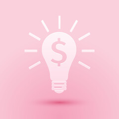 Fototapeta premium Paper cut Light bulb with dollar symbol icon isolated on pink background. Money making ideas. Fintech innovation concept. Paper art style. Vector.