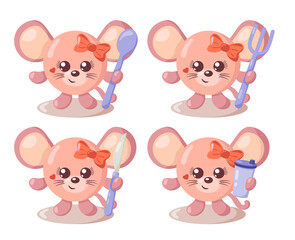 Set of funny cute kawaii mouse with round body, spoon, fork, knife and cup in flat design with shadows. Isolated animal vector illustration with cutlery