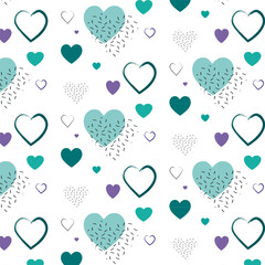 Valentines Day romantic background. Cute flat design. Yellow, pink and black hearts pattern. Trendy, minimalist, geometric style..Fun pattern. Memphis style. Abstract retro background. Bright colorful