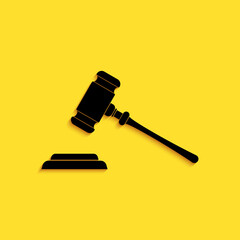 Black Judge gavel icon isolated on yellow background. Gavel for adjudication of sentences and bills, court, justice, with a stand. Auction hammer. Long shadow style. Vector.