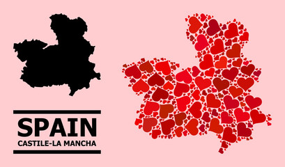 Love collage and solid map of Castile-La Mancha Province on a pink background. Collage map of Castile-La Mancha Province is designed with red valentine hearts.