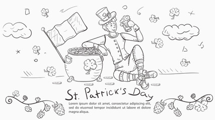 Outline illustration banner in the style of childrens doodles for decorating designs on the theme of St. Patricks Day A leprechaun guy holds a mug of ale leaning on a pot of gold