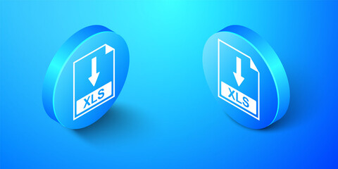 Isometric XLS file document icon. Download XLS button icon isolated on blue background. Blue circle button. Vector.