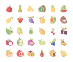 fruits fresh food nutrition icons apple pear orange pineapple mandarine
