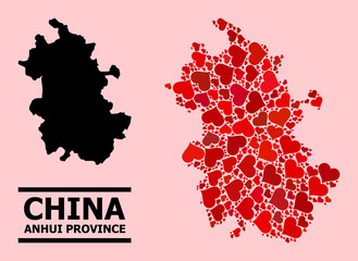 Love mosaic and solid map of Anhui Province on a pink background. Mosaic map of Anhui Province composed with red lovely hearts. Vector flat illustration for love abstract illustrations.