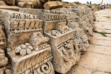 Elements of ancient pillars at the ancient Roman city of Gerasa in Jerash, Jordan