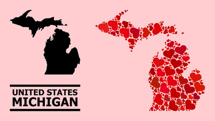 Love collage and solid map of Michigan State on a pink background. Collage map of Michigan State formed from red love hearts. Vector flat illustration for dating abstract illustrations.