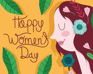 happy womens day, woman face with flowers decoration cartoon