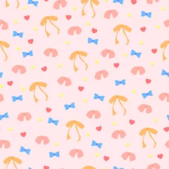 Afwasbaar Fotobehang Eenhoorns Naadloze roze patroon met blauw, oranje, roze en koraal strikken en linten. Textuur met hartjes en veelkleurige haarbanden op een zalmachtergrond. Eenvoudig te gebruiken vectorontwerp. Eindeloze prinses textuur.