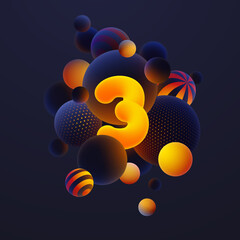 Luminescent yellow number 3, one with realistic blue balls, blured and luminous, orange balls with patterns, dots and stripes with soft touch feeling in dark background. Vector illustration. 