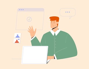 Video call, online business meeting. Remote work during quarantine. Vector illustration of a man using laptop