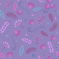 Fototapeta na wymiar Seamless pattern of purple, pink handdrown flowers and blue, gray leafs and plants on dark violet background. Vector illustration.