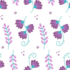 Fototapeta na wymiar Seamless pattern of purple, pink handdrown flowers and green leafs and plants on white background. Vector illustration.