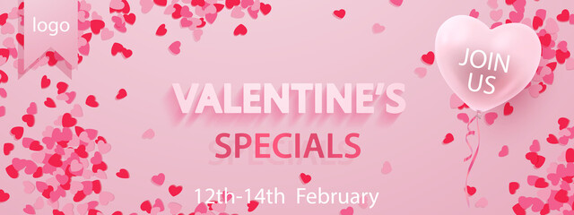 Banner for Happy Valentine's Day specials, place for logo, with ballon, red, pink hearts confetti and 3d text on pink background. Vector Holiday illustration for decor, design, arts, advertising.