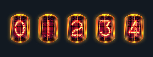 Set of retro neon numbers from red lamps in-12, nixie tube indicator, lamp gas-discharge indicator, warm light, in glass with yellow lighting on dark background. Vector steampunk illustration.
