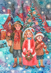 Christmas song, children in the winter city on Christmas night with Christmas songs, art watercolor, Christmas card