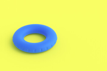 Inflatable ring on yellow background. Equipment for safe sailing at sea. Protection of children in the pool. Kids swimming safety. Water park toy. Copy space. 3d rendering