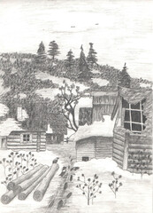 A graphic winter rural landscape is drawn with a pencil on paper.