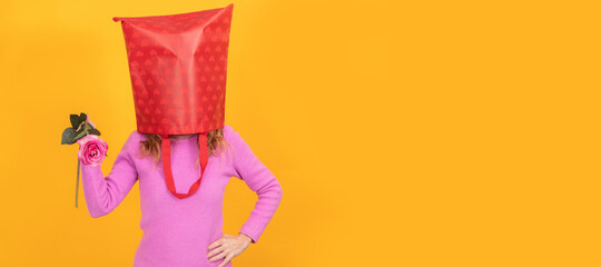 woman with shopping bag with hearts desperate or stressed
