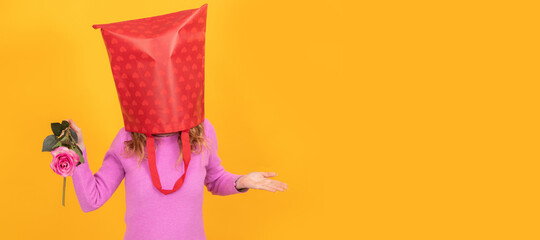 woman with shopping bag with hearts desperate or stressed