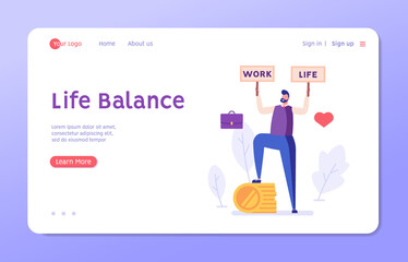 Work Life Balance Concept. Man Choosing between Career or Family on the Sale. Choose between Business and Relationship, Money or Love. Equality Concept. Vector illustration for Web Design