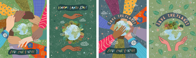Happy Earth Day! Vector eco illustrations for social poster, banner or card on the theme of saving the planet, human hands protect our earth. Make an everyday earth day
