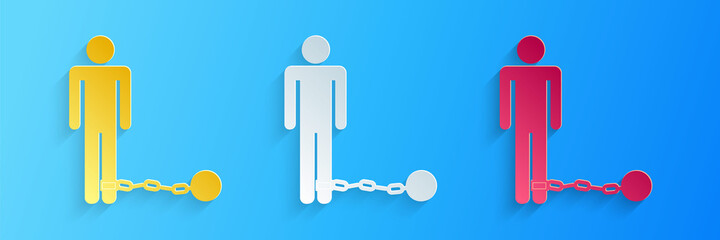 Fototapeta na wymiar Paper cut Prisoner with ball on chain icon isolated on blue background. Paper art style. Vector.