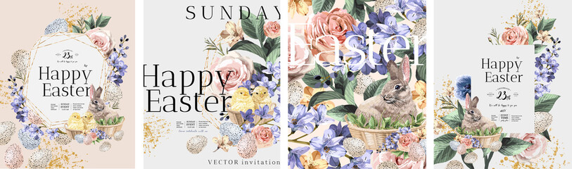 Happy Easter! Vector illustrations of watercolor cute bunny, chick, flowers, plants and greeting frame. Pictures for poster, invitation, postcard or background